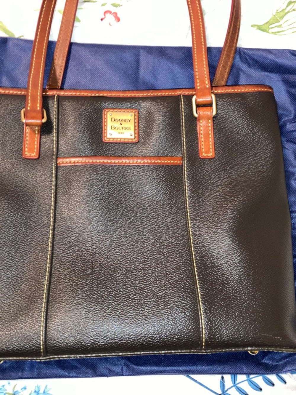 Dooney & Bourke dark brown Pebbled Leather Tote with Brown Trim and Straps